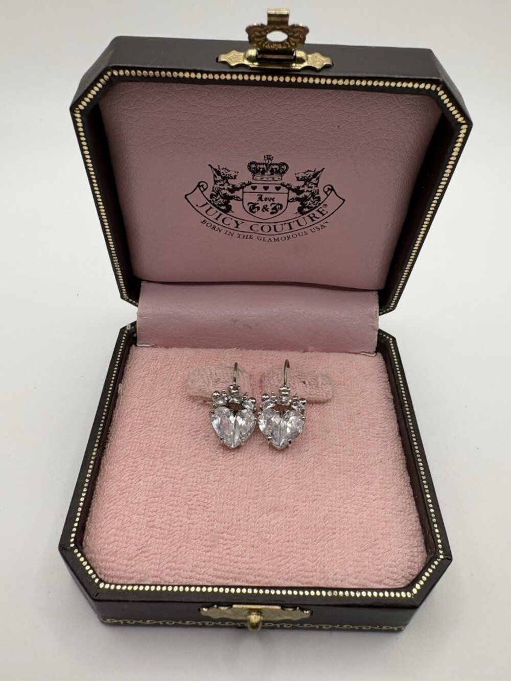 Y2K Juicy Couture Silver Tone White Crystal Heart Dangle Earrings In Box READ